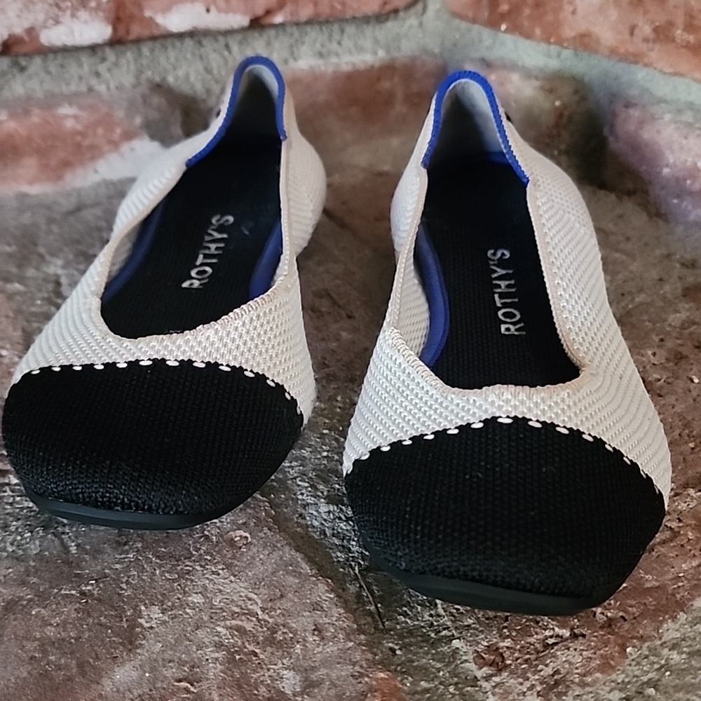 Rothy’s Square Toe Tuxedo Flats Black Cream Minimalist Chic - Picture 2 of 9